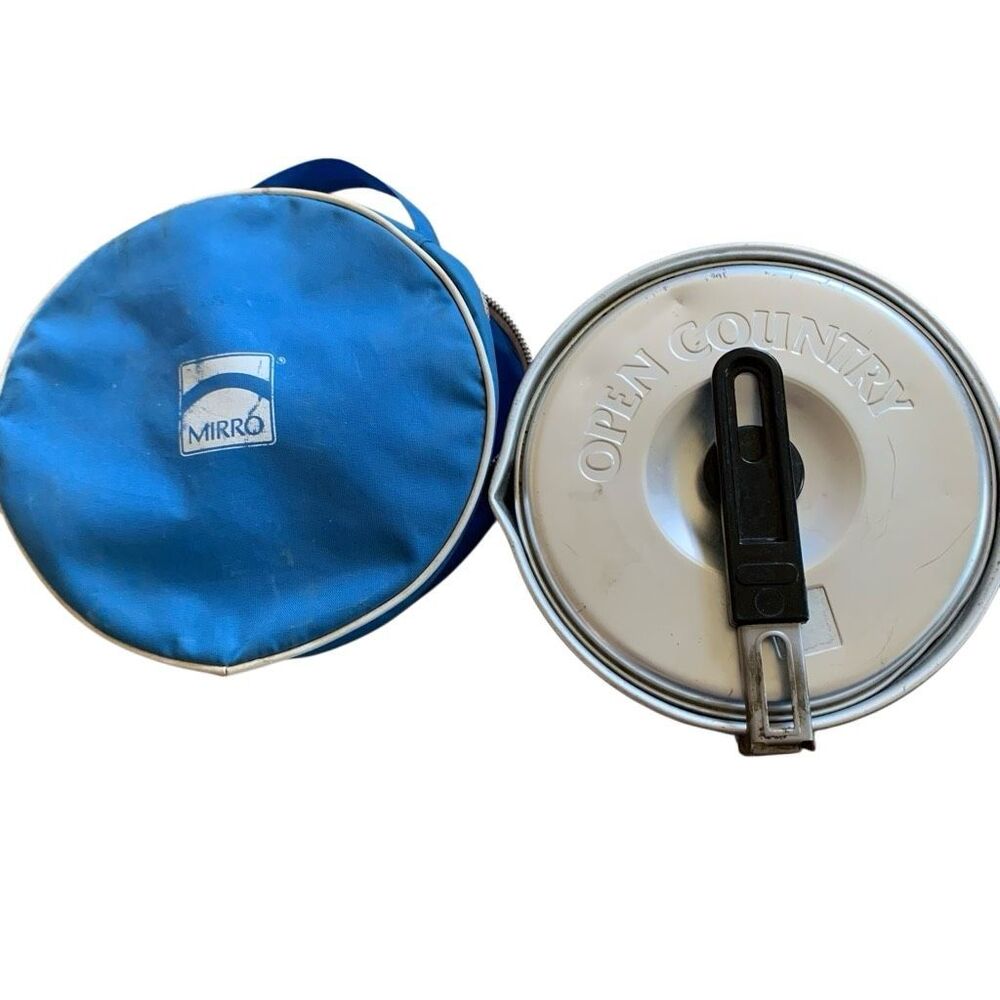 Vintage Mirro Open Country Camping Pot Folding Handle Lid Blue Case 6.75"